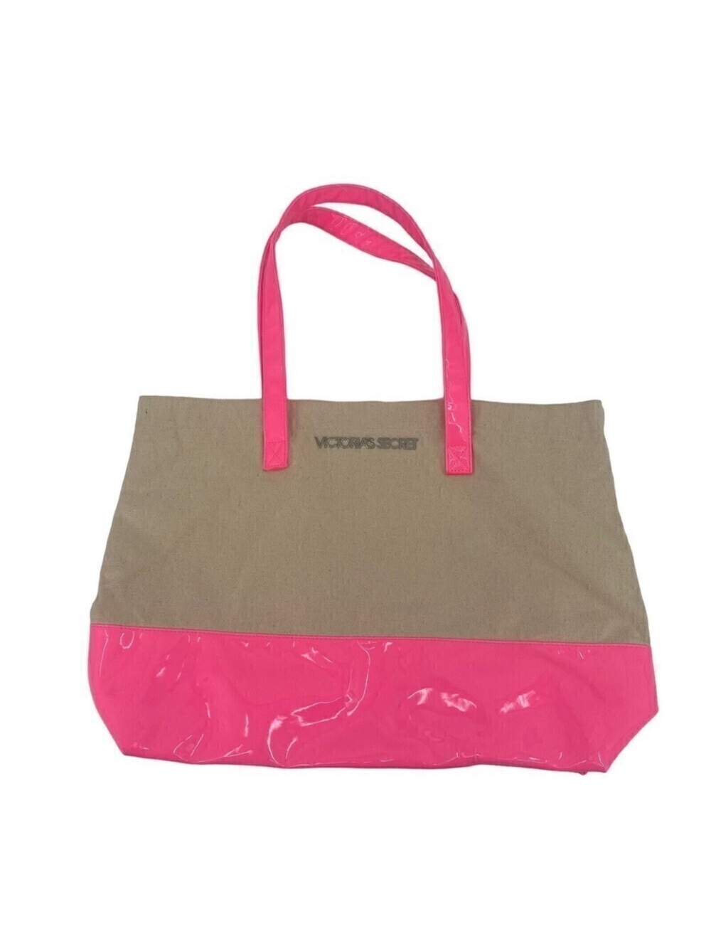Victoria's Secret Large Neon Pink Patent Leather Canvas Tote Bag